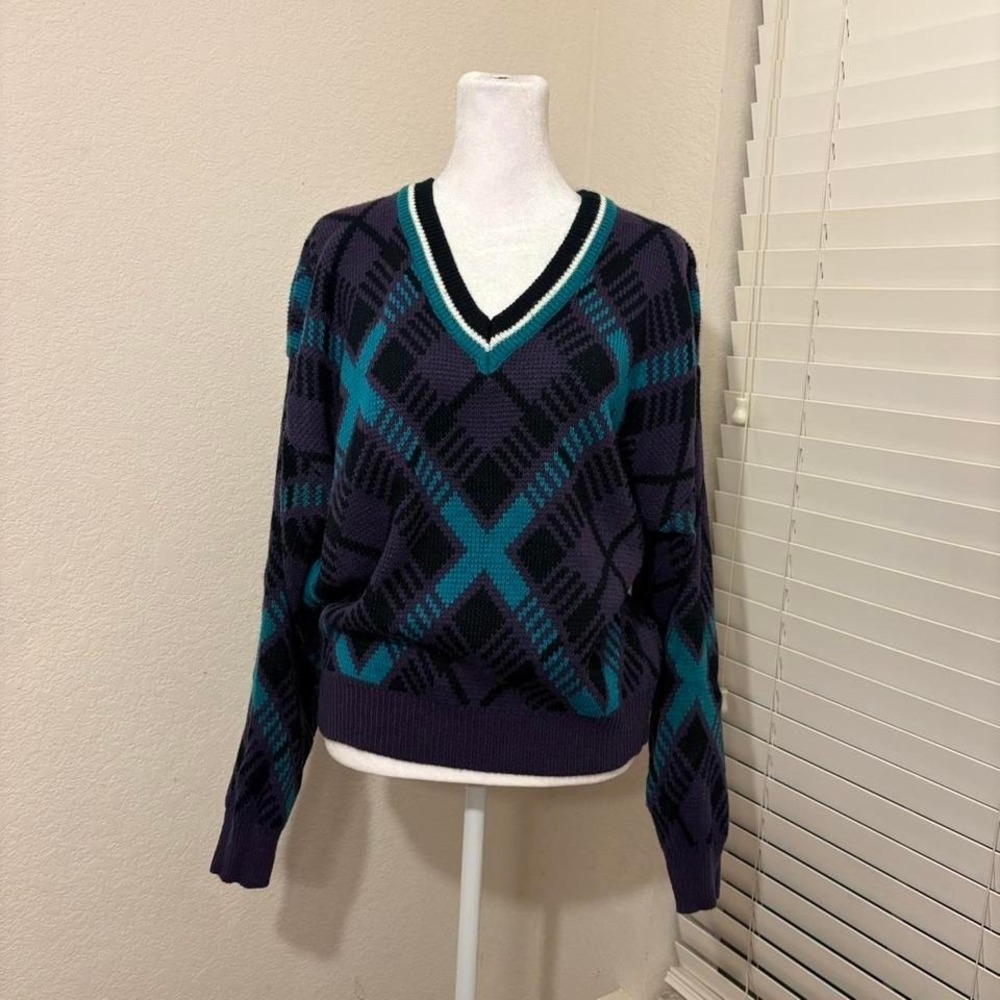 90s Explosive Saturdays Styling size L purple blue plaid retro v neck sweater